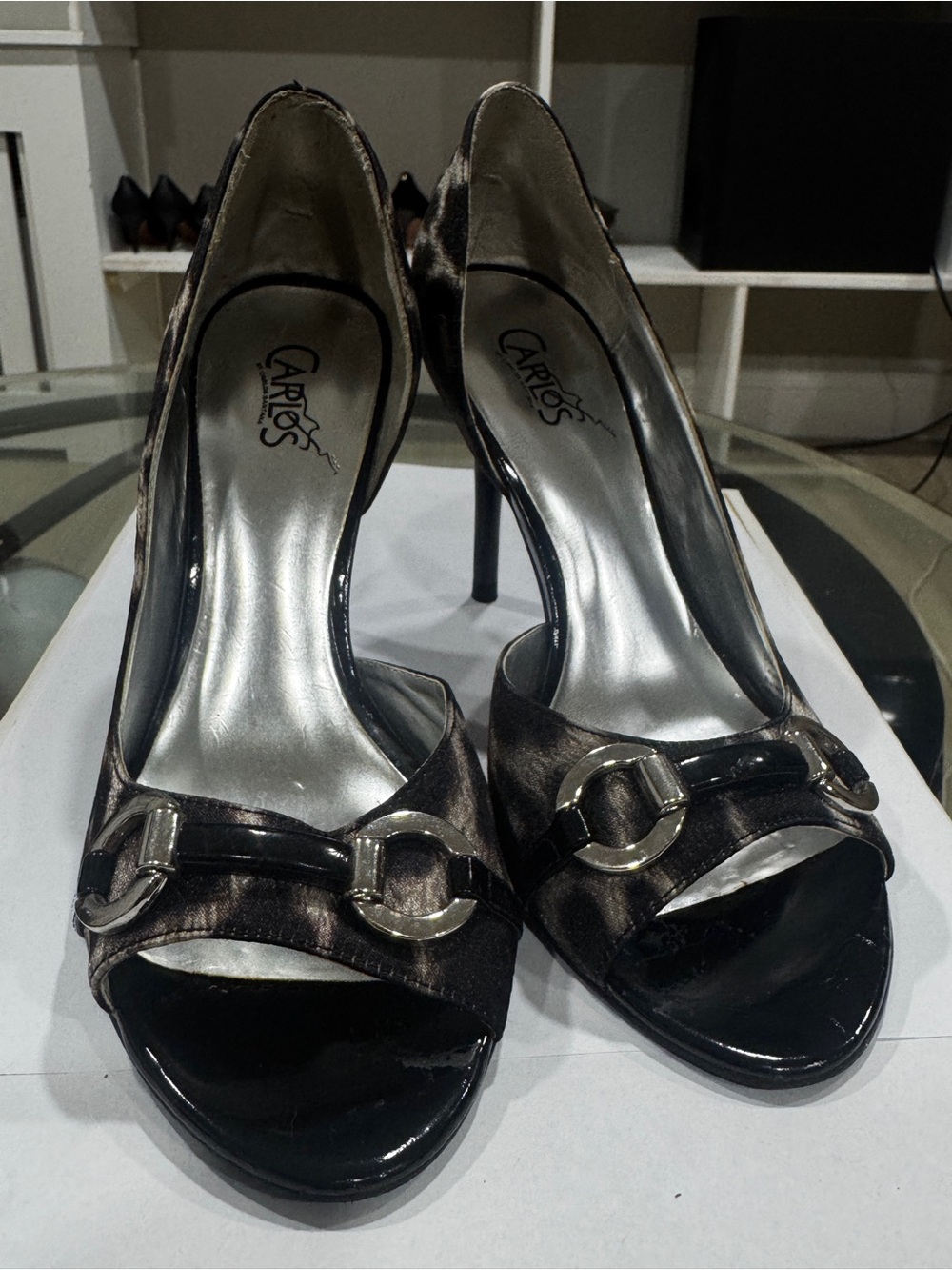 Carlos Santana Metallic Black and Silver Peep-Toe Stiletto Heels
